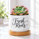 buy succulent pot - fresh roots online, compact white ceramic vessel, natural bamboo drainage tray included, versatile mini pot for plants or candles, charming decorative piece