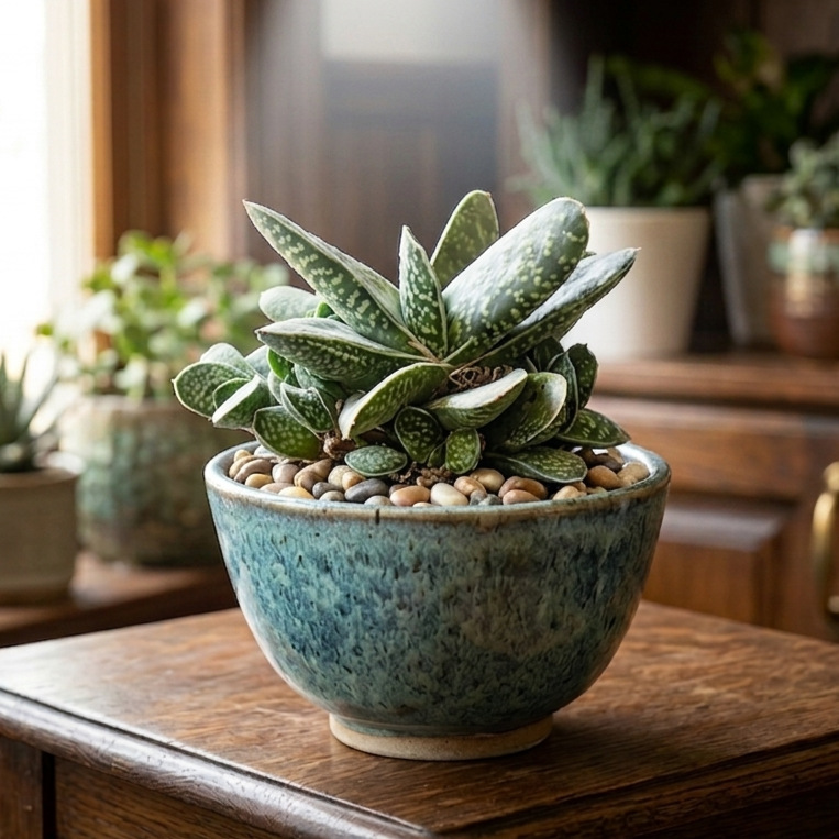 buy Gasteria 'Green Dragon' live succulent 2 inch online, thick dark green tongue-shaped leaves with raised white spots, compact rosette growth form, drought tolerant air-purifying qualities, elegant tabletop decoration, perfect gift for plant lovers