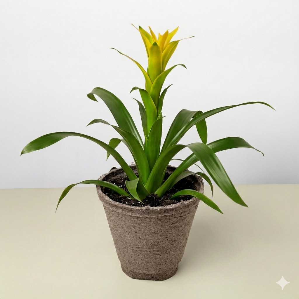 buy guzmania bromeliad 'yellow' live houseplant 4" pot online, golden-yellow bloom spike contrasted by smooth forest-green foliage, upright narrow growth form, tropical bract display lasting months, easy care for beginners, a vibrant and exotic decorative accent for kitchen shelves or humid bathrooms, wonderful gift for any plant enthusiast