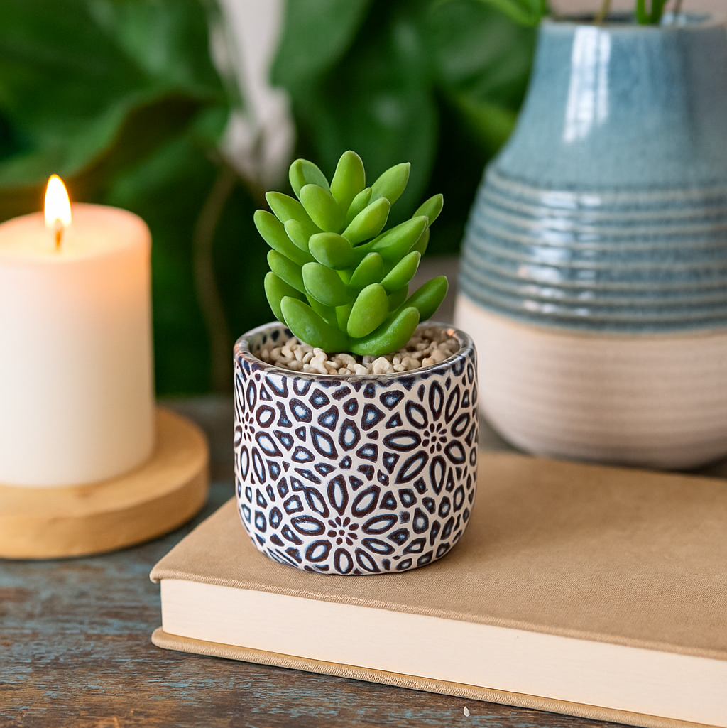 Geometric Floral Pot, 3 inch ceramic pot, floral pattern pots, succulent pots for sale, buy small pots online