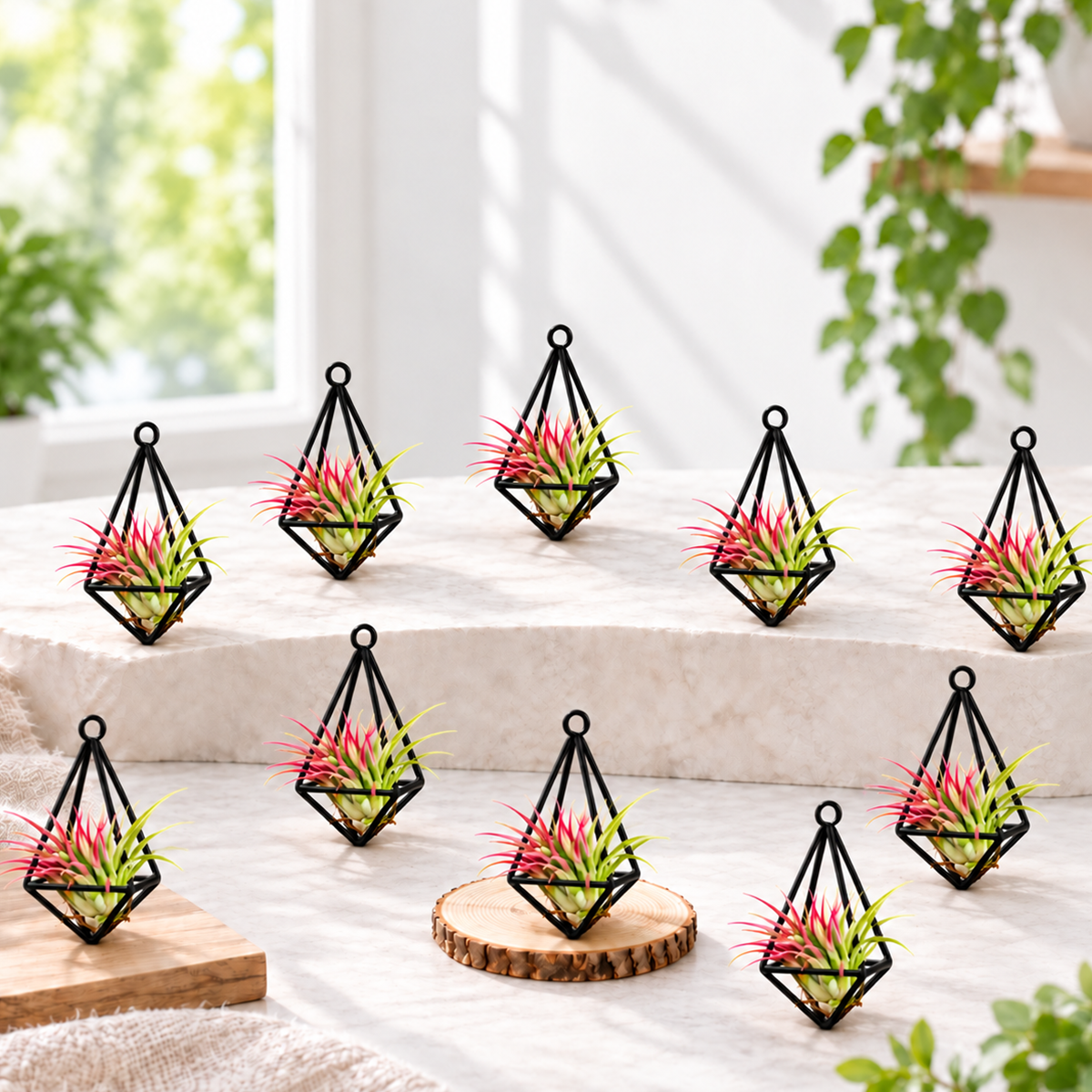 ten gift wrapped tillandsia air plants arranged in a group display, each featuring a variety of green and silvery tones, accompanied by shiny metal hanging pendants, all presented on a neutral background ready for gifting