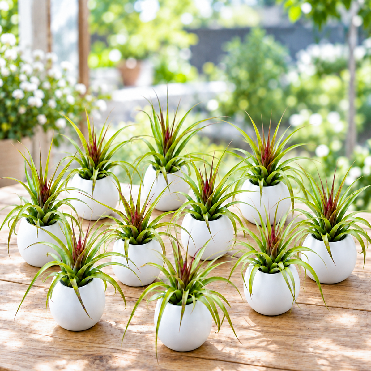 close-up of individual gift-wrapped air plants showing green foliage and beige wrapping paper, stacked beside the ceramic vase display