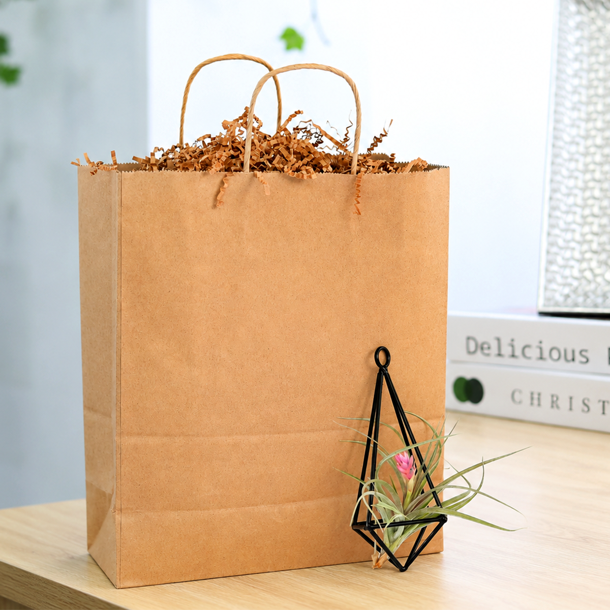 buy gift wrapped hanging metal pendant with assorted tillandsia air plants live air plant online, silvery green spiky foliage, trichome-textured leaves, compact rosette growth form, easy care no-soil epiphyte, rust-proof iron pendant display, elegant branded gift bag presentation