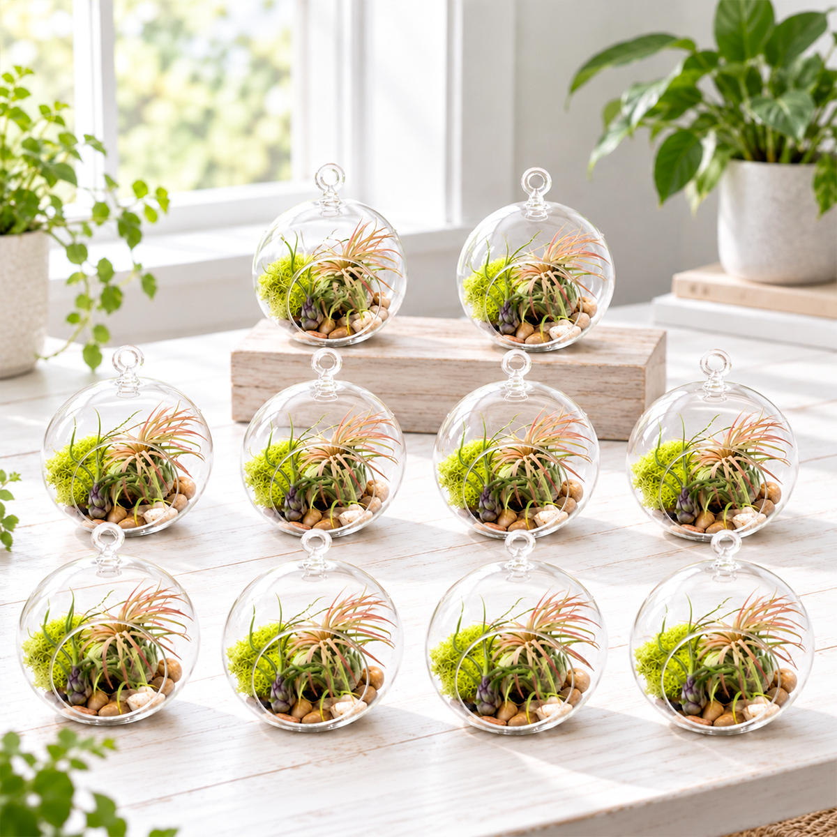 ten small clear glass globes arranged in a group display, each containing a living air plant in varying shades of green, sitting on a white surface with natural light highlighting the transparent vessels and delicate plant foliage inside