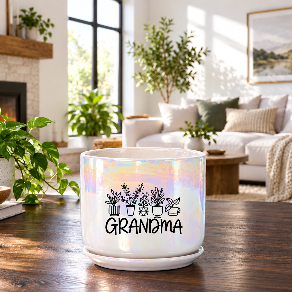 A white ceramic planter pot with a saucer, featuring a black graphic of potted plants and the word 'GRANDMA' in script, set on a wooden table in a bright, modern living room.