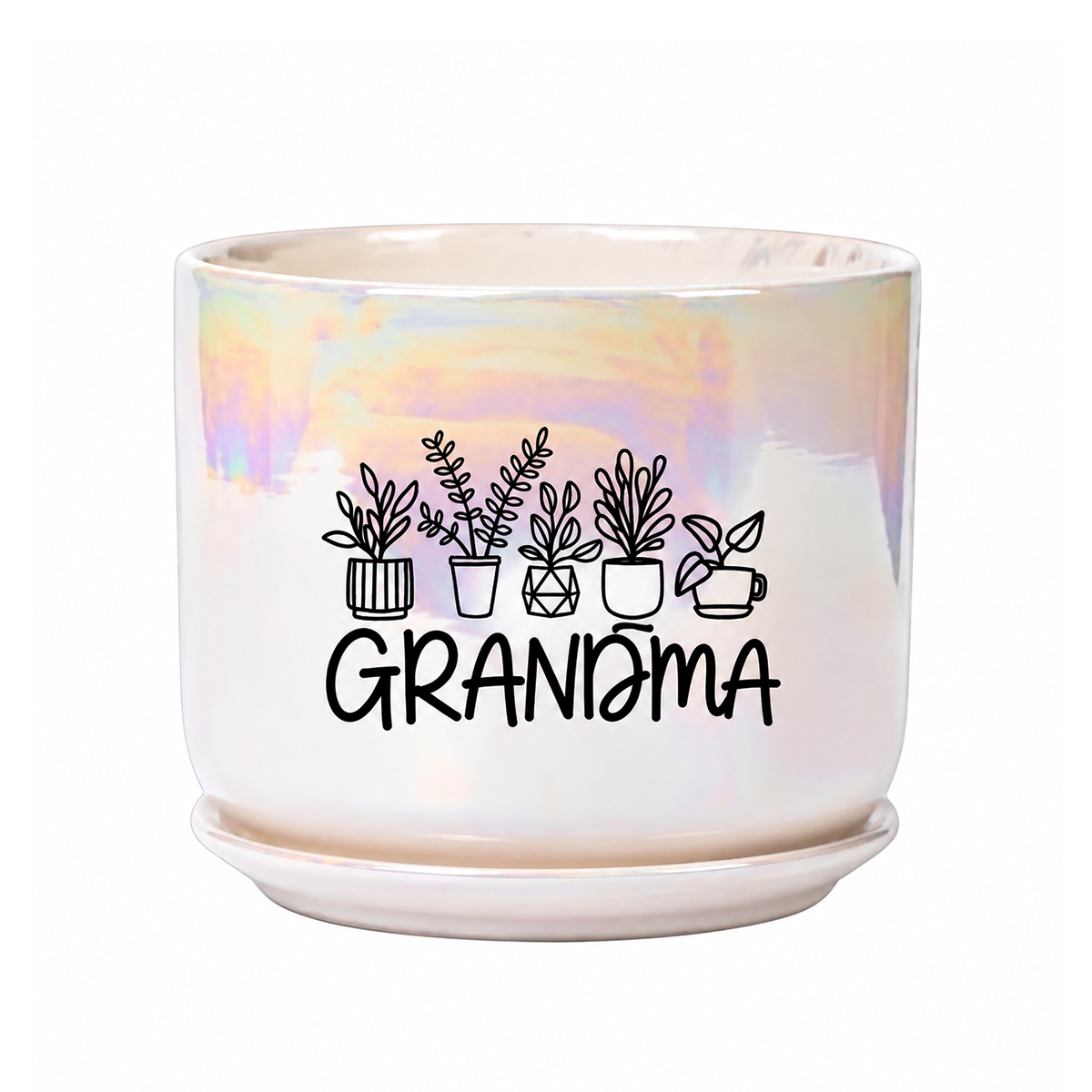 An iridescent white ceramic planter pot with a matching saucer, featuring a black line art graphic of four potted plants and the word 'GRANDMA' printed on the front.