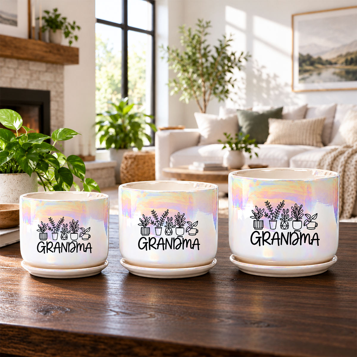 Three matching ceramic mugs with saucers are arranged on a wooden table in a bright living room. Each mug is iridescent white with a black graphic of potted plants and the word "GRANDMA" printed below.