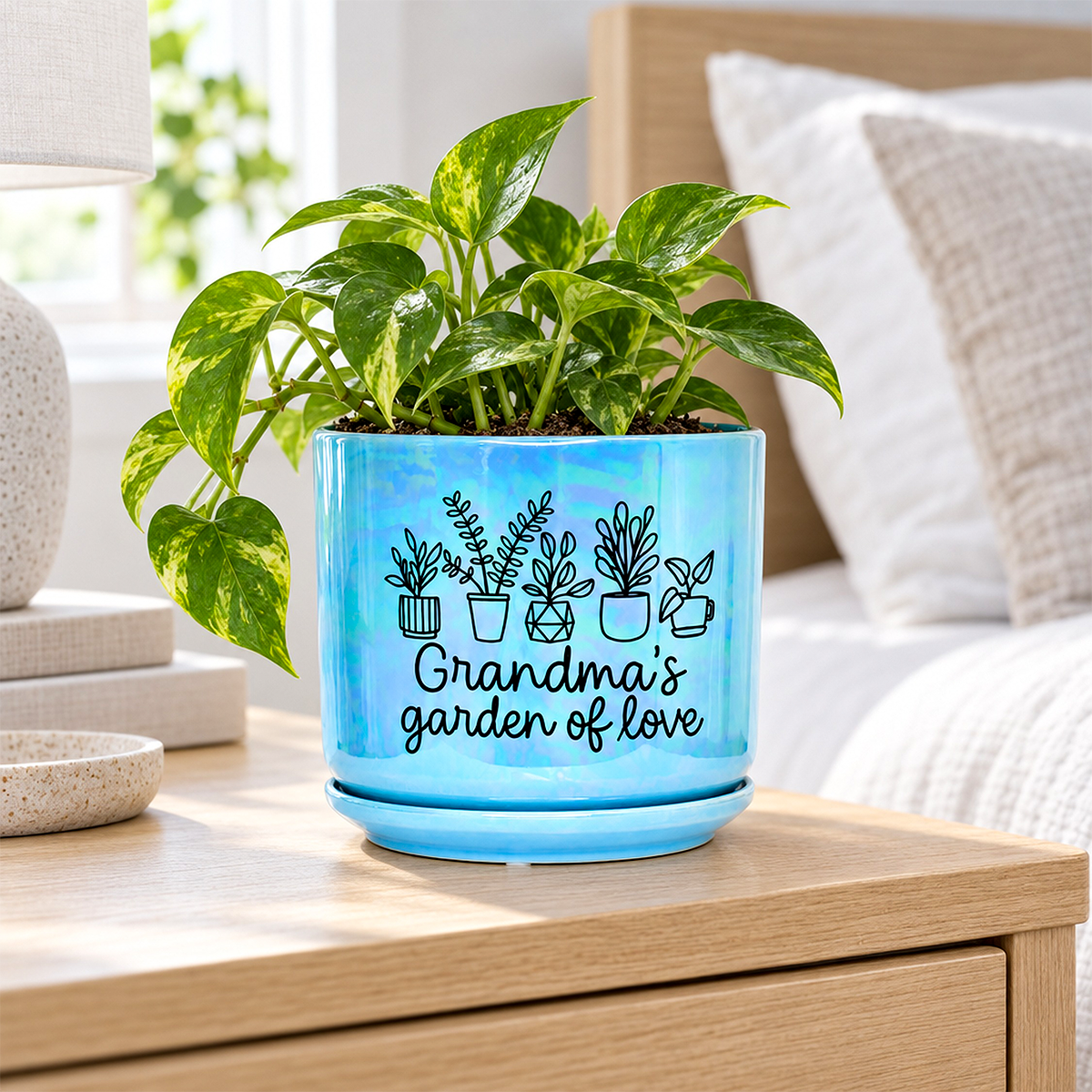 A bright blue ceramic planter with a matching saucer sits on a wooden bedside table in a softly lit bedroom. The planter is printed with black line drawings of potted plants and the phrase “Grandma’s garden of love,” with a green pothos plant growing in it.