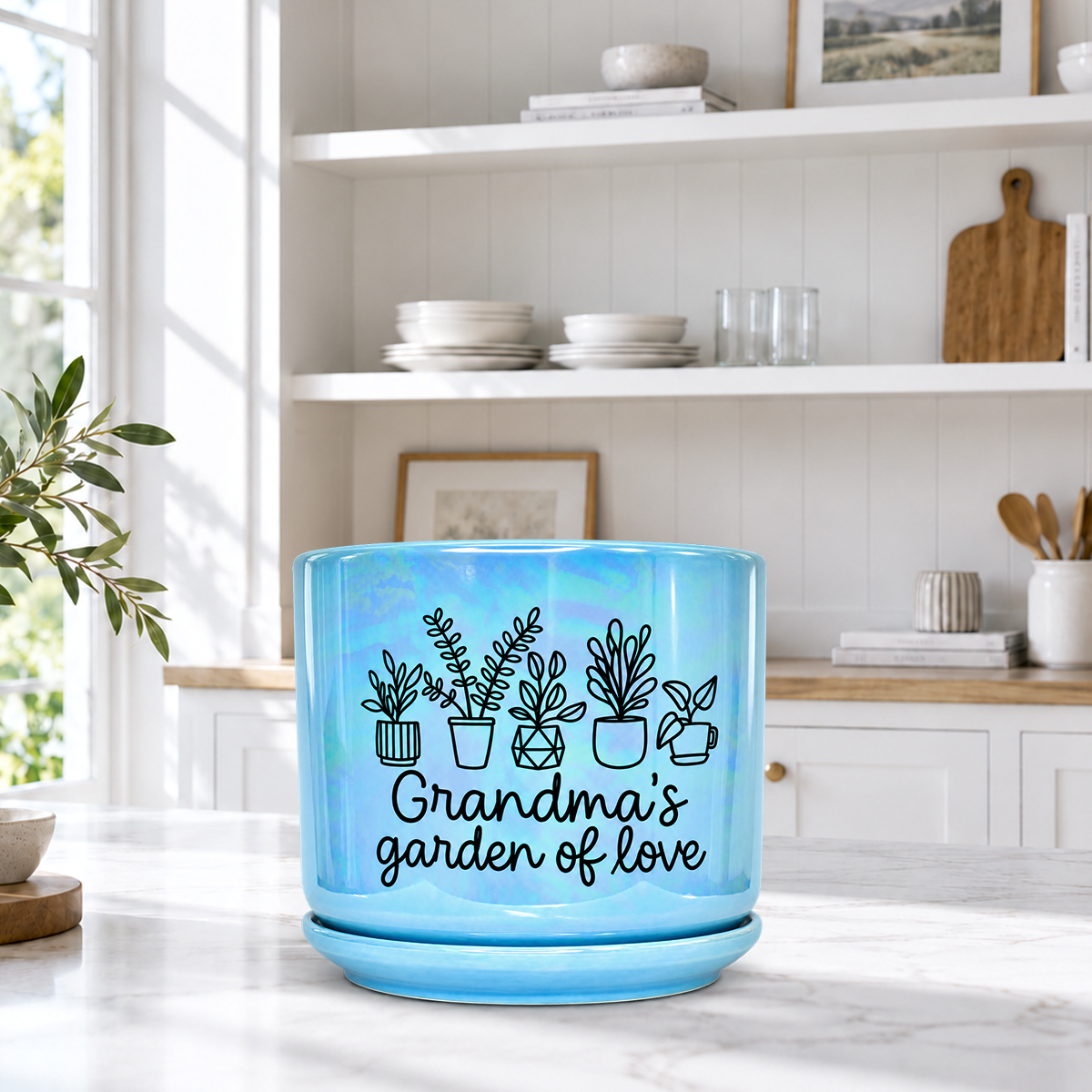 Iridescent Blue Ceramic Pot - Grandma's Garden of Love