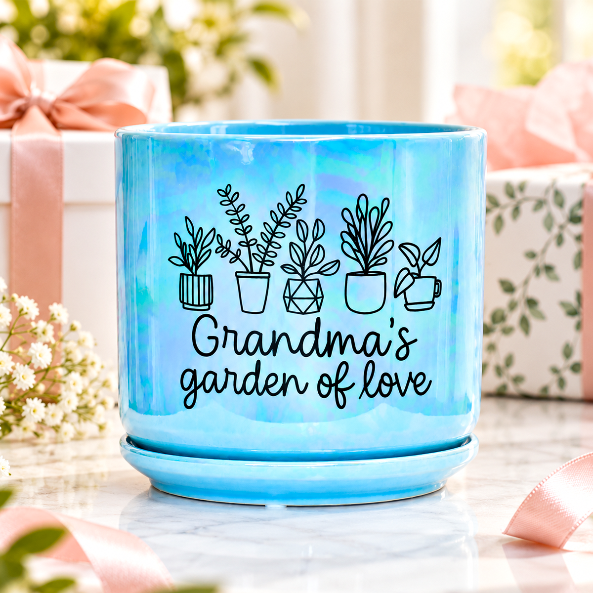 Iridescent Blue Ceramic Pot - Grandma's Garden of Love