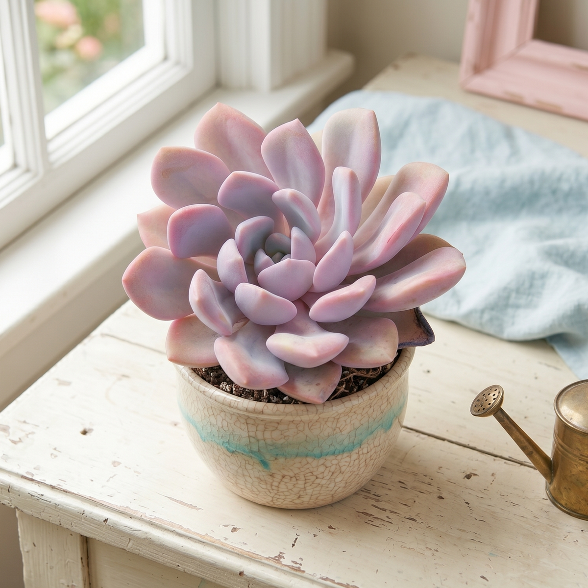 buy graptoveria debbie live air plant 2 inch online, dusty pink and lavender fleshy leaves arranged in tight rosette clusters, slow-growing compact succulent with plump textured foliage, thrives in direct sun with rotating care for balanced development, stunning bright windowsill accent, unique succulent gift idea