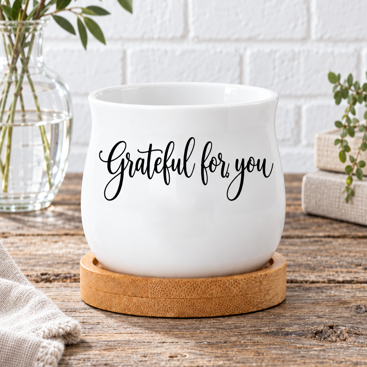 white Succulent Pot - Grateful for you for sale, compact mini planter, natural wood tray, drainage hole design, holds tea lights or small botanicals, meaningful present for grateful giving
