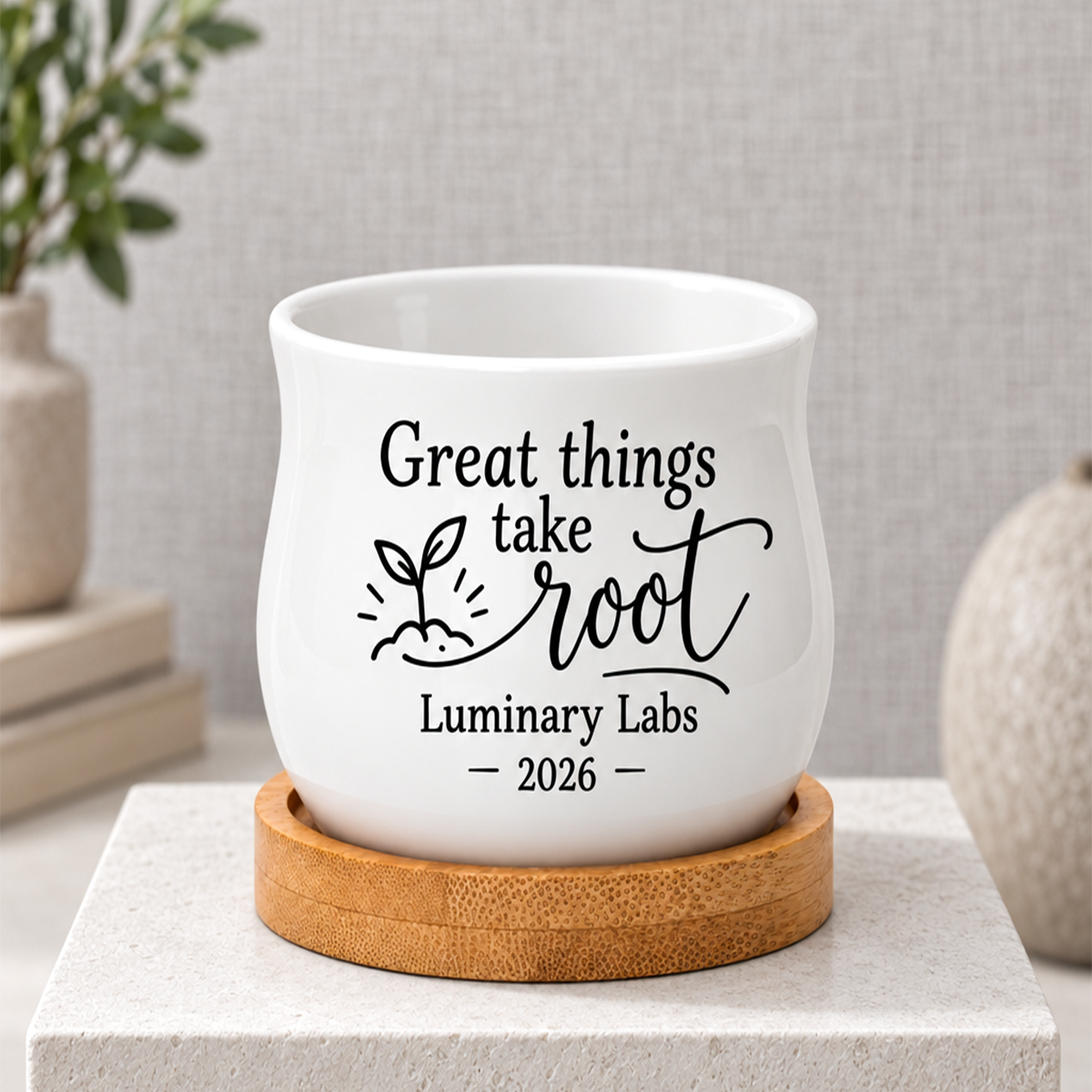 barrel shaped personalized succulent pot for corporate favor great things take root for sale, custom printed ceramic pot with bamboo tray, compact 2.6 inch width size, perfect for small succulents or decorative desk use