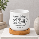 personalized ceramic mini pot for corporate favor great things take root online, white glazed finish with custom text printing, includes protective bamboo base tray, great for team events and corporate favor packaging