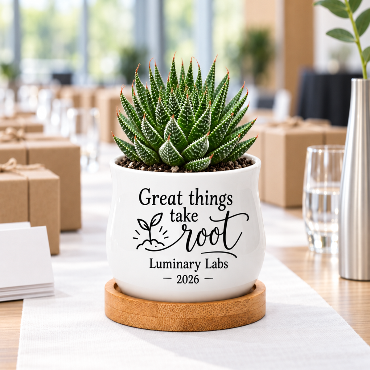 buy personalized succulent pot for corporate favor great things take root online, white glazed ceramic barrel shaped mini planter, includes natural bamboo drainage tray, ideal for office desk display and corporate team gifts