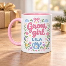 15 oz Grow Girl Cute Pastel Personalized Mug live plant for sale, delightful pastel aesthetic with cute illustrated girl-themed artwork, spacious capacity ideal for coffee tea or plant propagation display, gentle calming color palette in soft complementary hues, versatile personalized ceramic keepsake, stunning desk plant companion display, memorable personalized gift for plant lovers