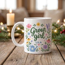15 oz Grow Girl Personalized Mug - Colorful Floral Design for sale, cheerful garden-inspired illustration with blooming flower motifs and verdant foliage, custom name or message personalization option, premium ceramic drinkware with comfortable ergonomic handle, ideal for morning coffee or tea ritual, wonderful desk companion for plant lovers, meaningful personalized gift for gardeners and nature admirers