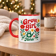 retro 70s grow girl personalized mug for sale, nostalgic earthy tones with groovy botanical motif, comfortable everyday drinking vessel, warm beverage companion for plant parents, microwave and dishwasher safe ceramic mug, ideal desk plant lover accent, thoughtful personalized gift for gardening enthusiasts