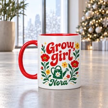 buy grow girl personalized mug retro 70s design online, vibrant botanical illustration with vintage color palette, whimsical plant-themed graphic art, durable ceramic mug construction, celebrates plant enthusiast culture, perfect coffee table gift for plant lovers, unique personalized drinkware gift idea