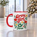 retro 70s grow girl personalized mug for sale, groovy peachy and sage-toned vintage design, nostalgic 1970s plant-inspired artwork, quality ceramic vessel for hot and cold beverages, reliable everyday mug for plant enthusiasts, cheerful workspace or kitchen accent piece, special personalized gift for green thumb friends