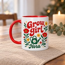 retro 70s grow girl personalized mug for sale, groovy peachy and sage-toned vintage design, nostalgic 1970s plant-inspired artwork, quality ceramic vessel for hot and cold beverages, reliable everyday mug for plant enthusiasts, cheerful workspace or kitchen accent piece, special personalized gift for green thumb friends