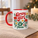 retro 70s grow girl personalized mug for sale, groovy peachy and sage-toned vintage design, nostalgic 1970s plant-inspired artwork, quality ceramic vessel for hot and cold beverages, reliable everyday mug for plant enthusiasts, cheerful workspace or kitchen accent piece, special personalized gift for green thumb friends