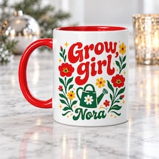 buy grow girl personalized mug retro 70s design online, warm earth-toned vintage aesthetic with botanical charm, playful retro typography and plant illustrations, versatile ceramic mug perfect for daily use, celebrates indoor gardening passion, stunning kitchen counter display, memorable personalized gift for plant collectors