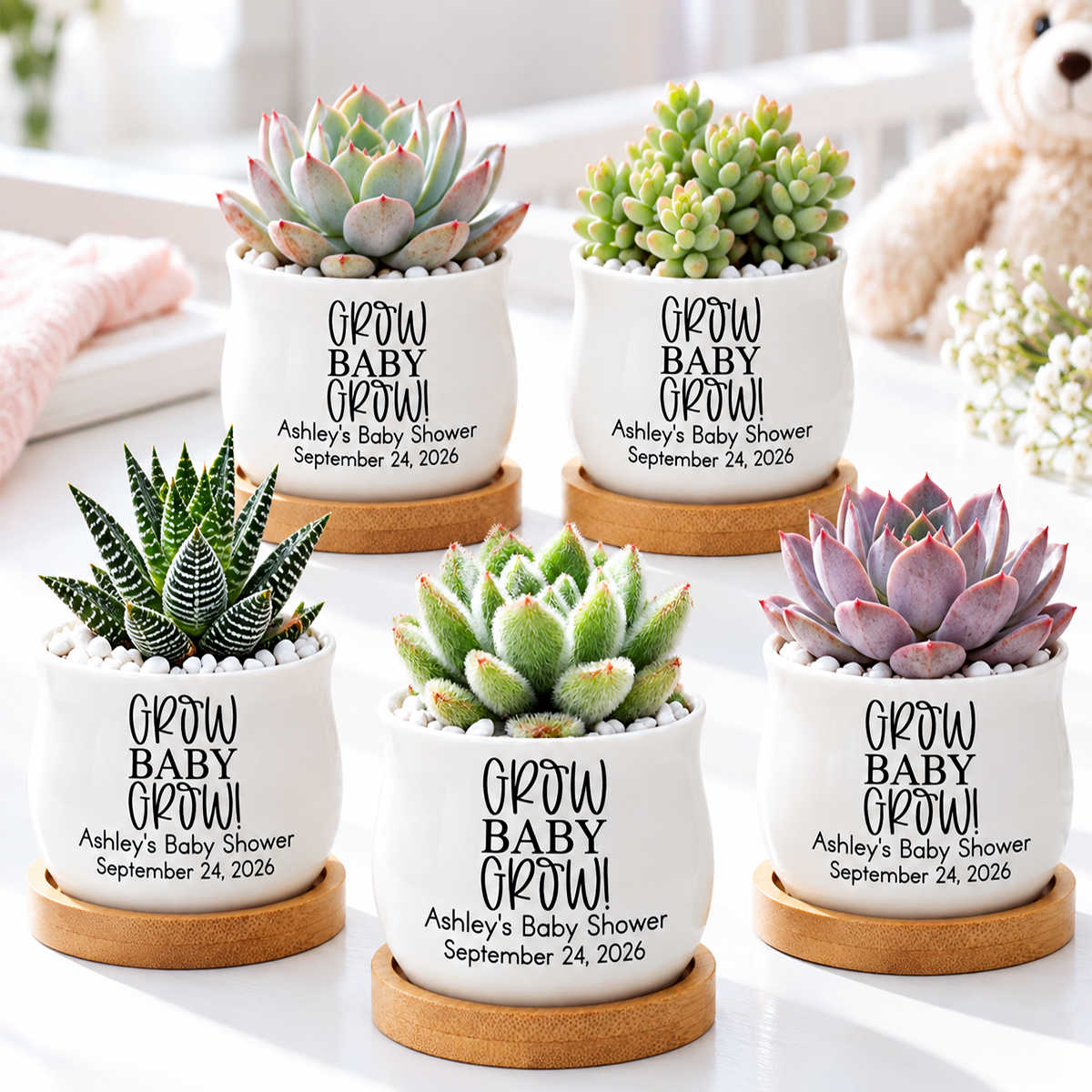 buy Pack of Personalized Succulent Pot for Baby Shower Favor - Grow Baby Grow online, white glazed ceramic mini pot, barrel-style curved design, bamboo drainage tray included, personalized with baby name and arrival date, charming baby shower keepsake gift