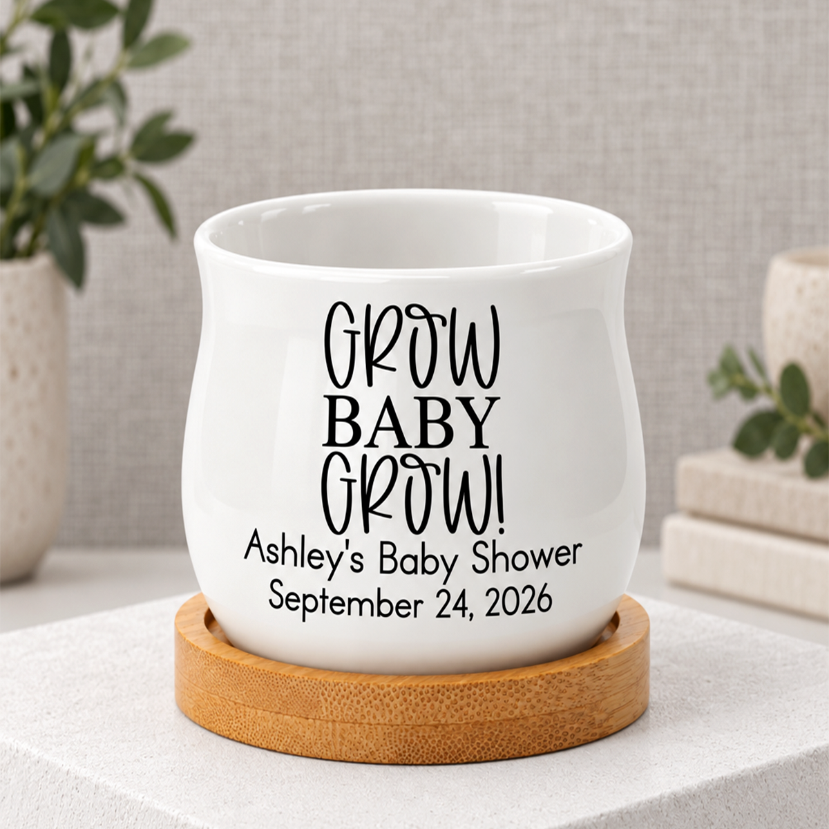 buy personalized succulent pot growing baby with engraved details online, durable ceramic construction with polished matte finish, available in bulk quantities for events or gifting campaigns, shallow wide planter design ideal for succulent arrangements, beautiful personalized gift option for weddings baby showers and corporate events
