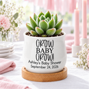buy personalized succulent pot growing baby with engraved details online, durable ceramic construction with polished matte finish, available in bulk quantities for events or gifting campaigns, shallow wide planter design ideal for succulent arrangements, beautiful personalized gift option for weddings baby showers and corporate events