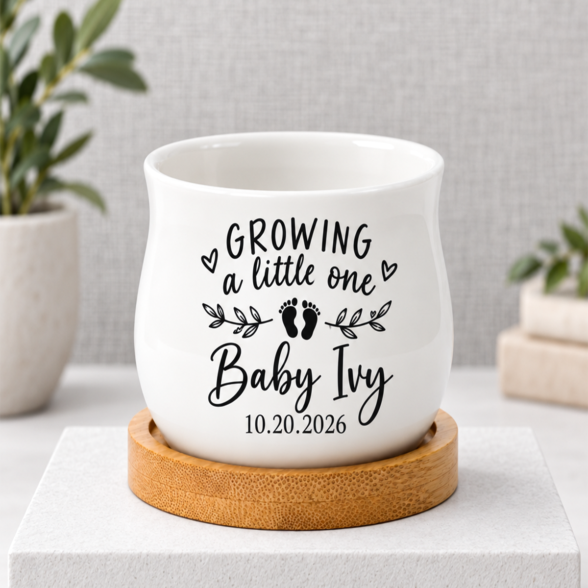 buy Personalized Succulent Pot for Baby Shower Favor - Growing A Little One online, tiny white ceramic planter featuring custom name and birth month year printing, barrel style with drainage function, beautiful favors for baby celebration guests