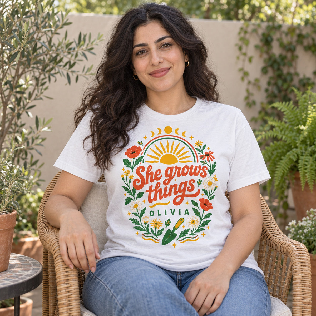 m grows things personalized retro boho shirt live plant for sale, delightful vintage botanical print with warm boho color scheme, durable quality construction with fade-resistant graphics, perfect fit for layering or standalone casual wear, stylish plant-themed shirt for bohemian lifestyle fans, wonderful personalized present for plant parents and vintage fashion lovers