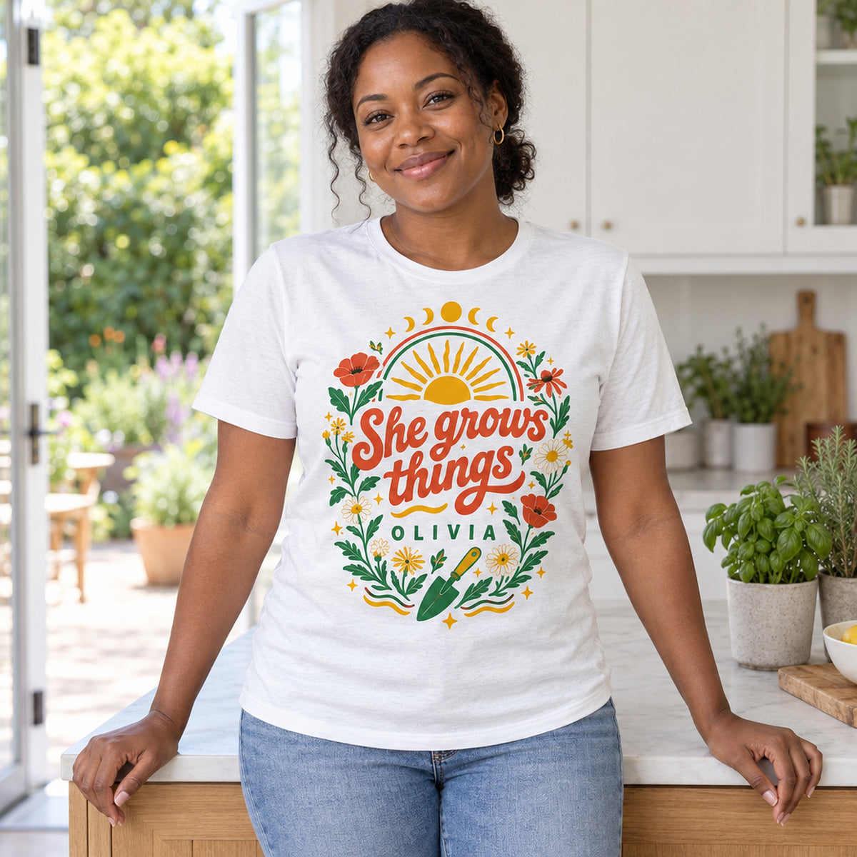 s grows things personalized retro boho shirt live plant for sale, classic retro boho plant artwork with warm nostalgic tones, lightweight breathable cotton blend material, versatile layering piece for spring and summer seasons, comfortable everyday shirt with botanical charm, perfect casual outfit for plant enthusiasts and boho fashion fans, thoughtful personalized gift idea for friends who love plants and vintage style