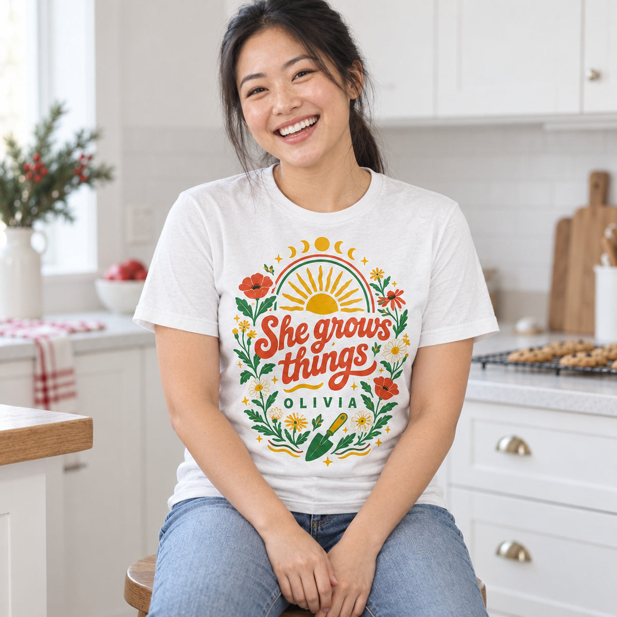 buy grows things personalized retro boho shirt live plant online, vibrant retro-inspired botanical print with earthy boho aesthetic, soft comfortable fabric with vintage color palette, relaxed fit design perfect for casual everyday wear, timeless plant-themed graphic tee, ideal wardrobe staple for plant lovers and bohemian style enthusiasts, unique personalized gift for gardeners and nature lovers