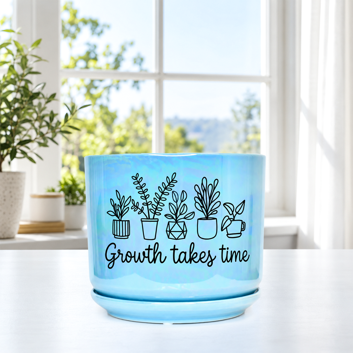 Iridescent Blue Ceramic Pot - Growth Takes Time