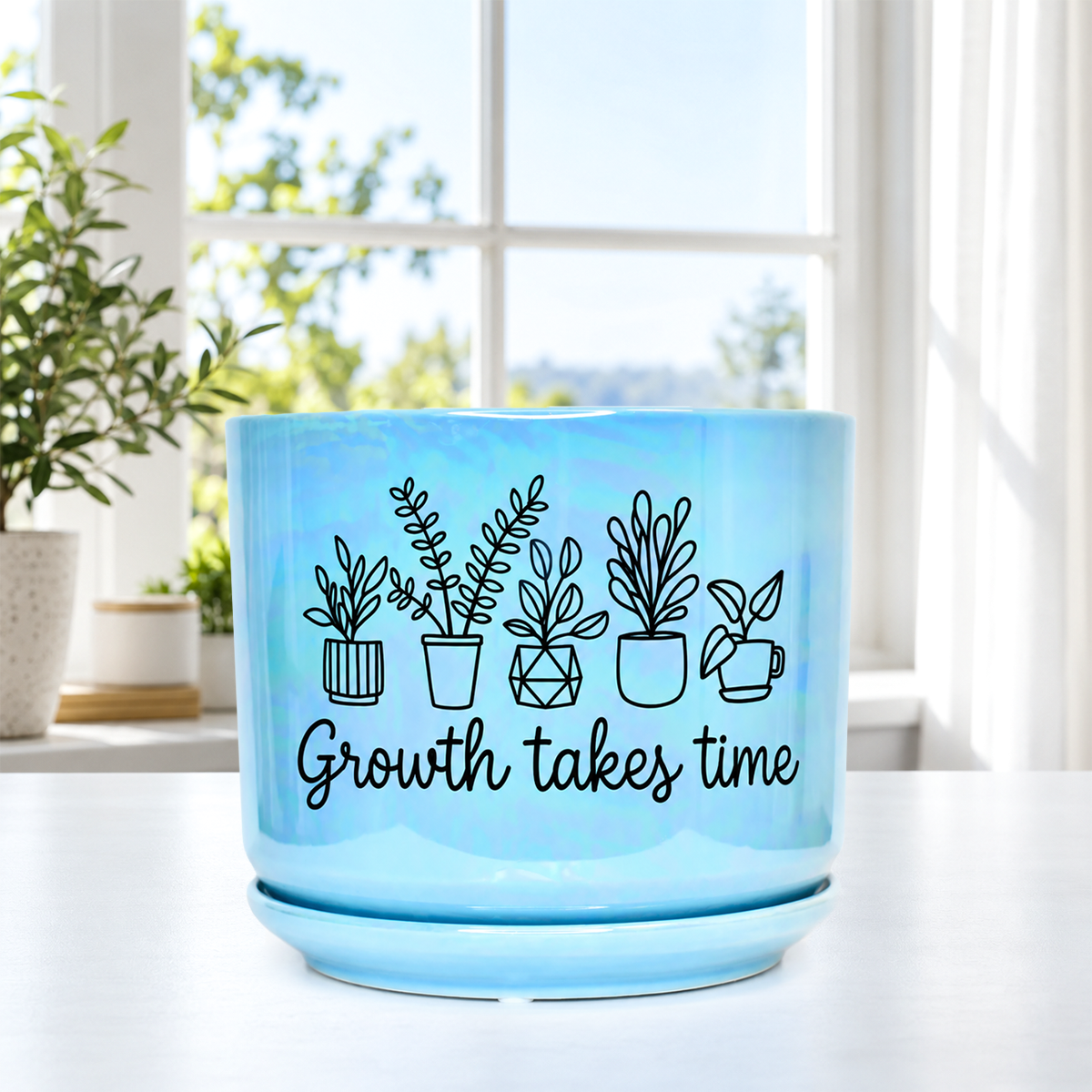 Iridescent Blue Ceramic Pot - Growth Takes Time