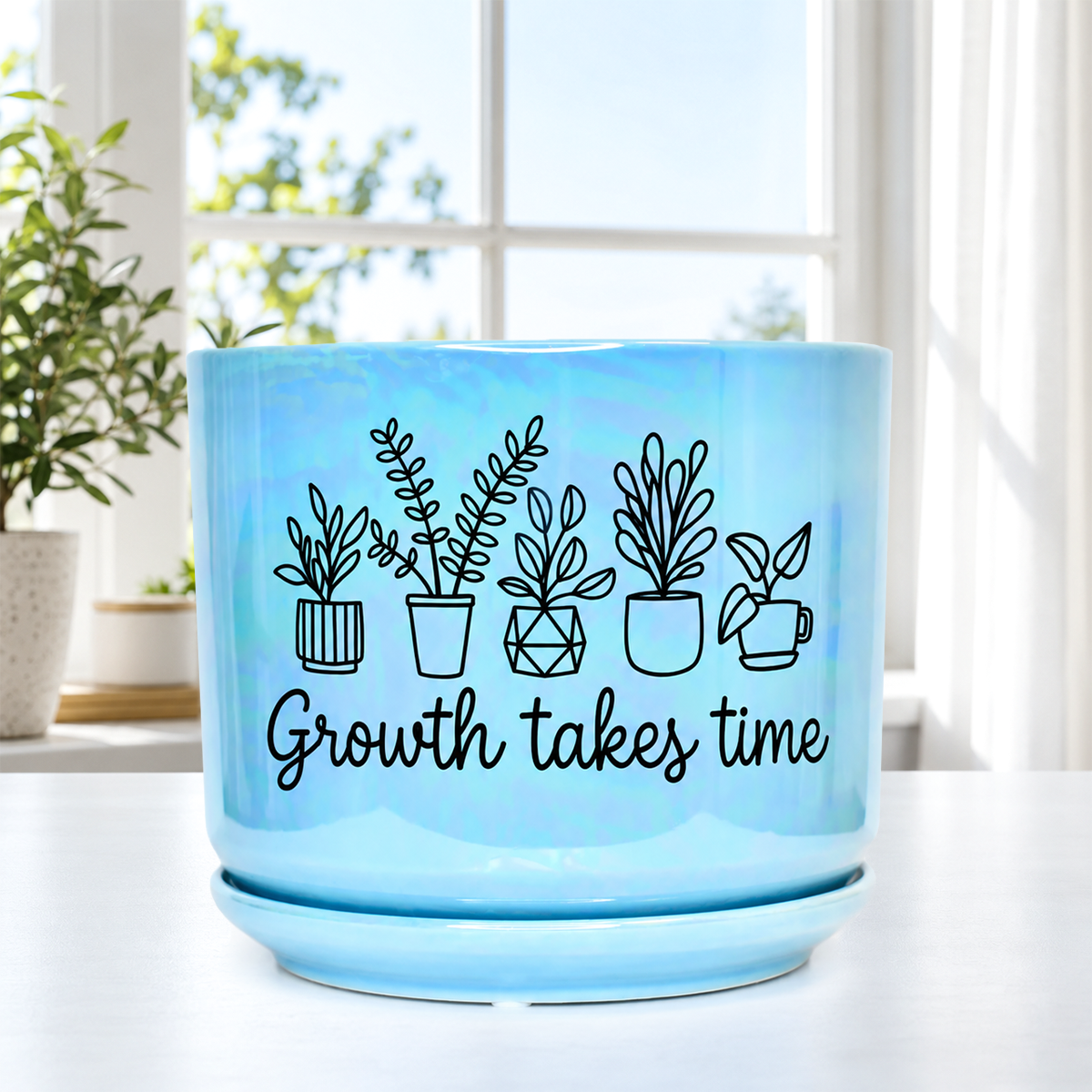 Iridescent Blue Ceramic Pot - Growth Takes Time