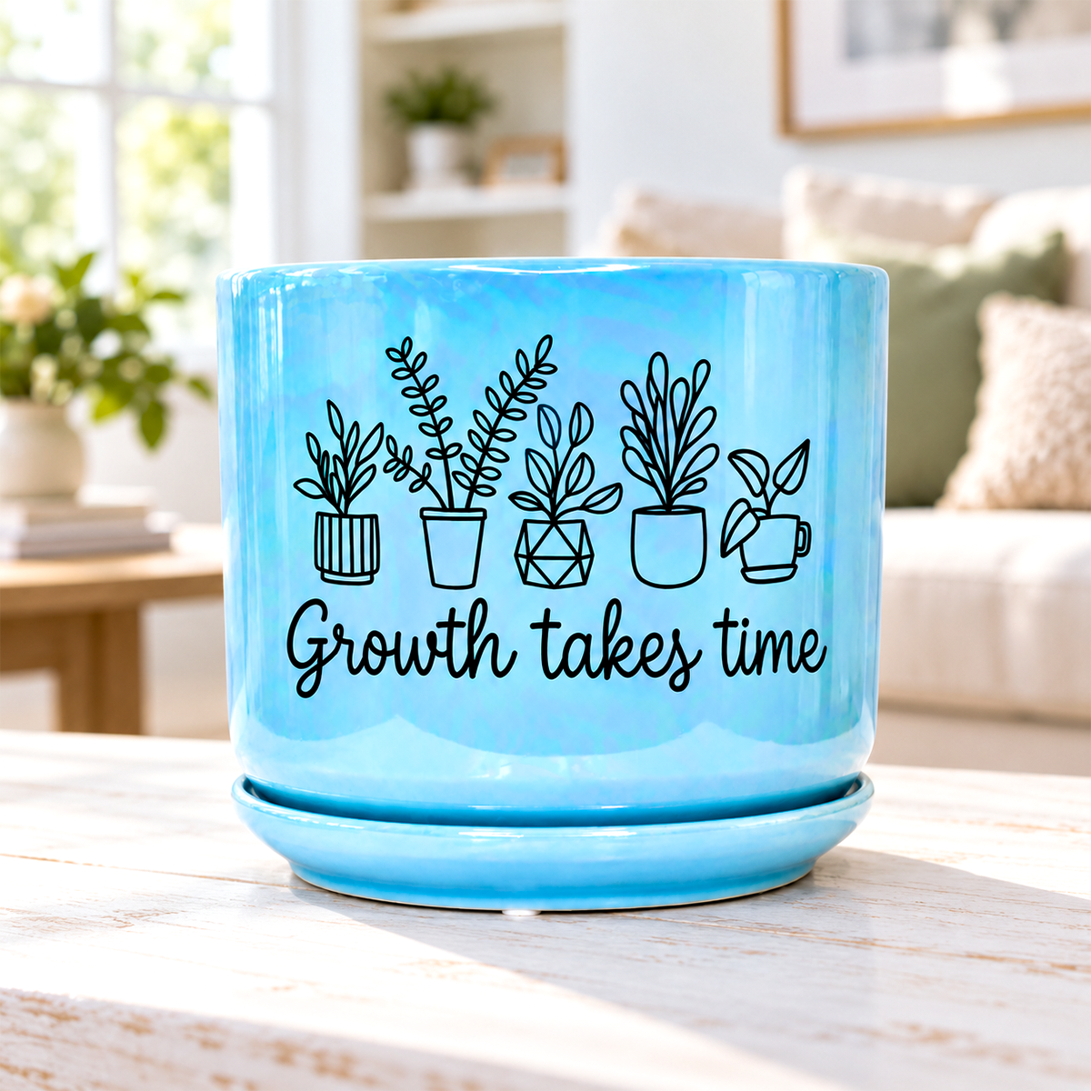 Iridescent Blue Ceramic Pot - Growth Takes Time