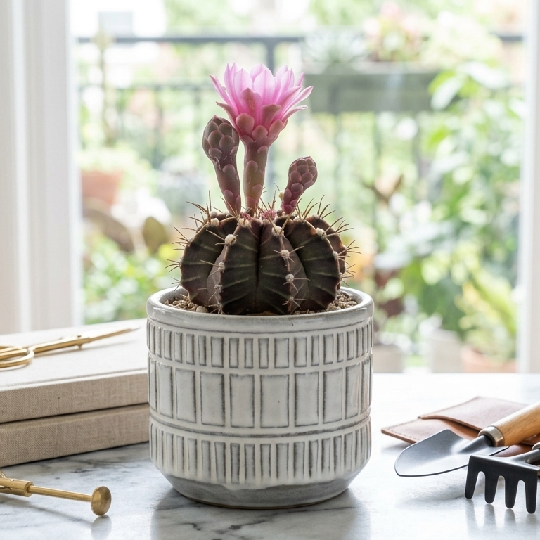 buy Gymnocalycium stenopleurum live cactus 4 inch online, compact spineless chin cactus with pale pink flowers, silvery green ribbed body, tolerates office conditions and low light, perfect small succulent gift for plant lovers and busy schedules