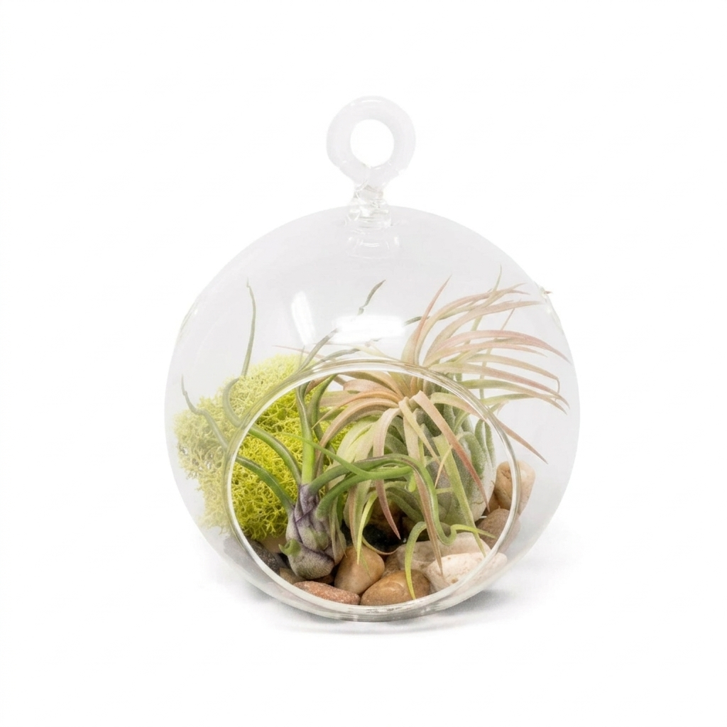 DIY air plant terrarium kit with river stones and moss, Glass Globe Air Plant Terrarium Kit for sale online, Modern office desk plant with decorative river rocks, Small glass bubble terrarium for bright indirect light, Unique botanical gift set with live air plants