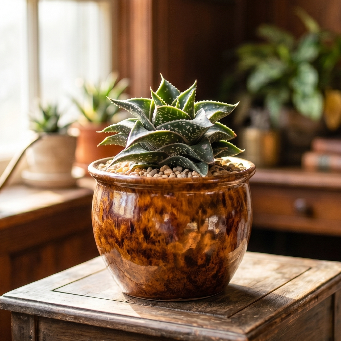 bright indirect light, water every 2–3 weeks, well-draining soil, average indoor temps 60–85°F