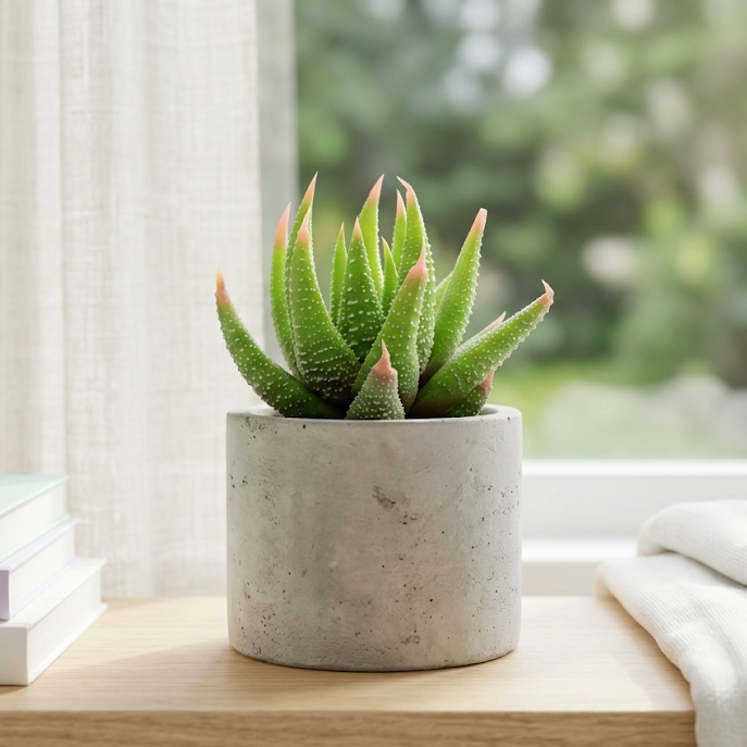 buy haworthia glabrata live succulent 4 inch bare root online, compact rosette with pale green leaves and distinctive white tubercles, slow-growing narrow upright form perfect for tight spaces, adapts to direct sun or low-light conditions with ease, tolerates dry heated air and outdoor autumn placement, ideal modern shelf accent for minimalist interiors, unique rare succulent gift for collectors and plant enthusiasts