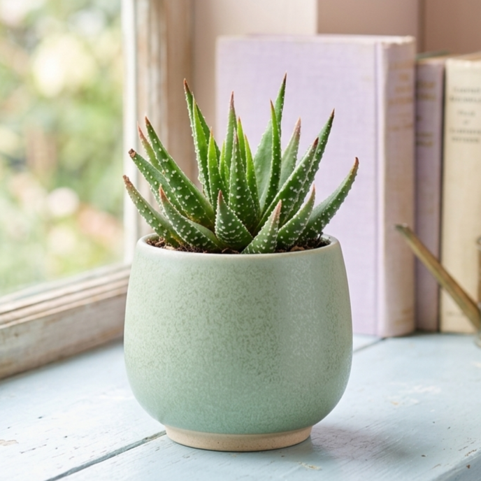 buy Haworthia minor live succulent 2 inch online, dark green rosette with white tubercles, thick fleshy blue-green leaves, compact drought tolerant, minimal water needs, perfect desk companion for busy professionals, ideal starter plant gift for begi