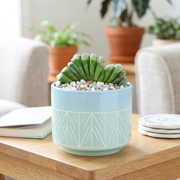 buy Haworthia truncata 'Jolly Green Giant' live succulent 4 inch online, compact architectural rosette with flat stacked pale green leaves, drought tolerant houseplant, ideal for minimalist and bohemian decor, perfect gift for plant lovers and busy plant parents