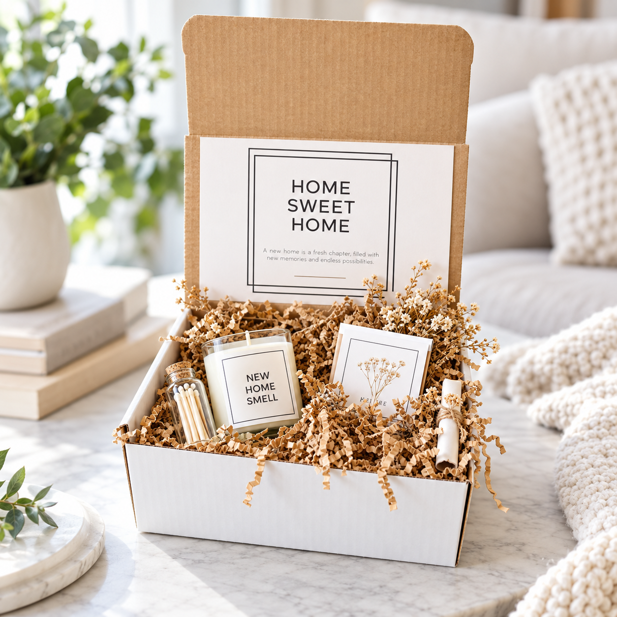 elegant housewarming gift box with curated indoor plants, handwritten notecard, and coordinating packaging arranged for gifting