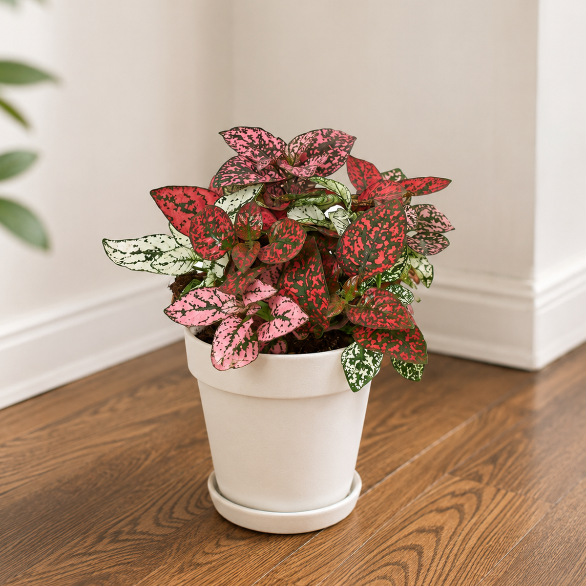 6 inch Hypoestes 'Polka Dot' for sale. Hypoestes 'Polka Dot' is a colorful houseplant admired for its vibrant speckled foliage that adds a cheerful pop of color to any indoor space. It thrives in bright, indirect light with well-draining soil and prefers regular watering to keep its leaves lush and vibrant. This eye-catching indoor plant is perfect for homes, offices, or anyone looking to brighten their plant collection with unique foliage.