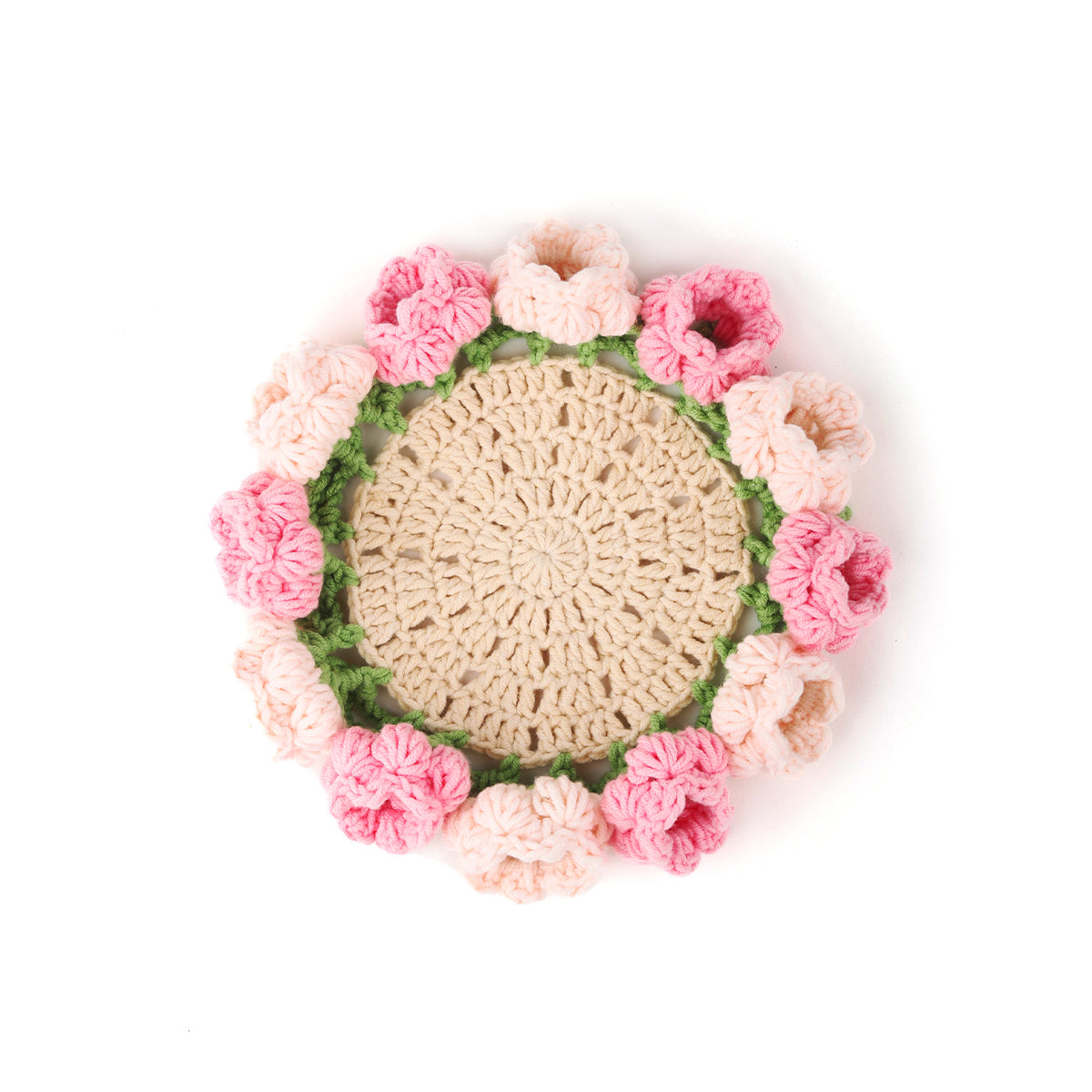 6" Crochet Pink Tulip Coaster for sale, Creative Home Decor Table Decor, Crochet Coaster That Turns Into a Flower Bouquet, Coasters for Plant Pot/ Cup 6".Dia Finished Product