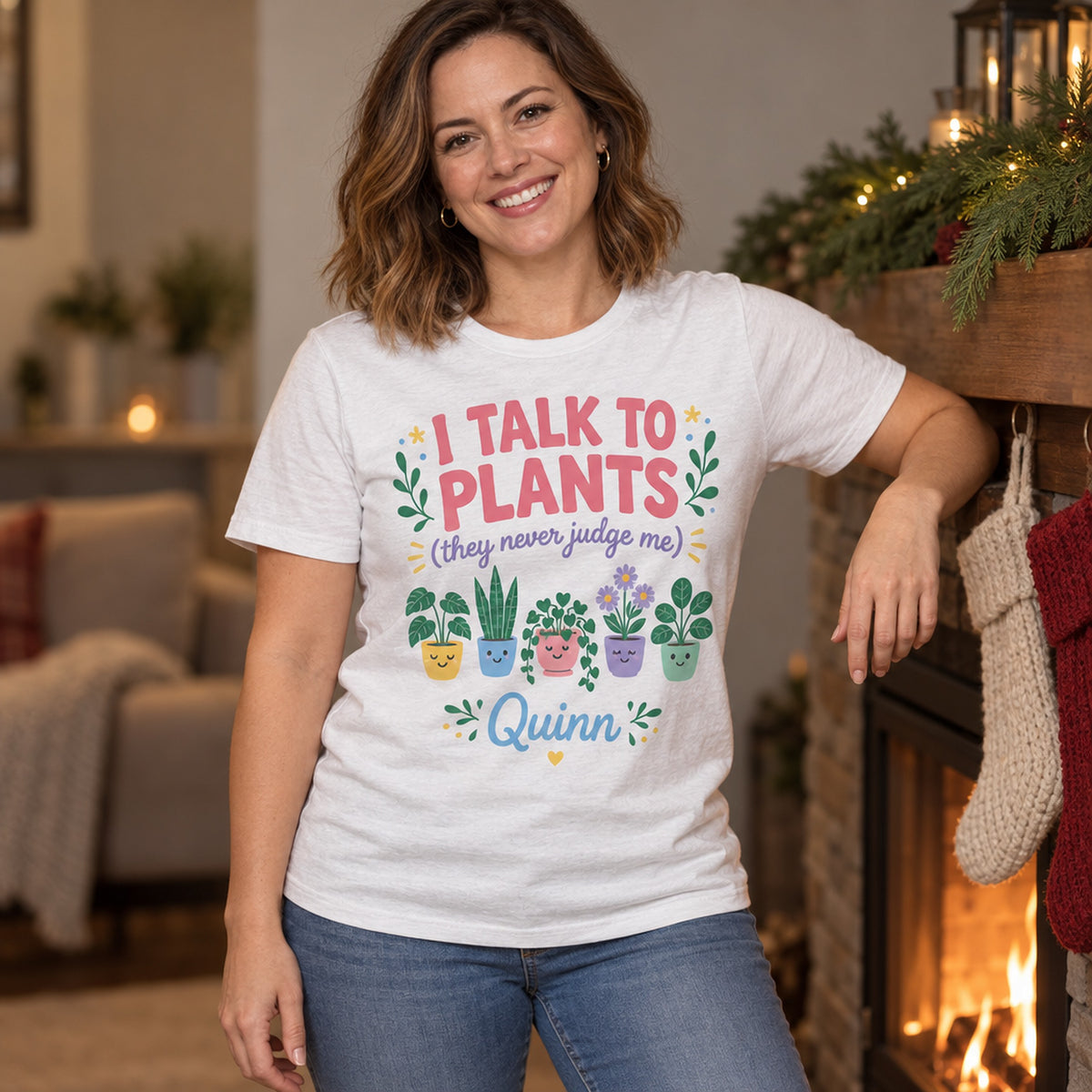 s i talk to plants personalized cozy pastel shirt for sale, lightweight breathable material in soothing pastel hues, classic crew neckline with durable stitching throughout, playful botanical-inspired text design celebrating plant communication, versatile piece for layering or standalone wear, perfect gift for plant parents and nature-loving friends