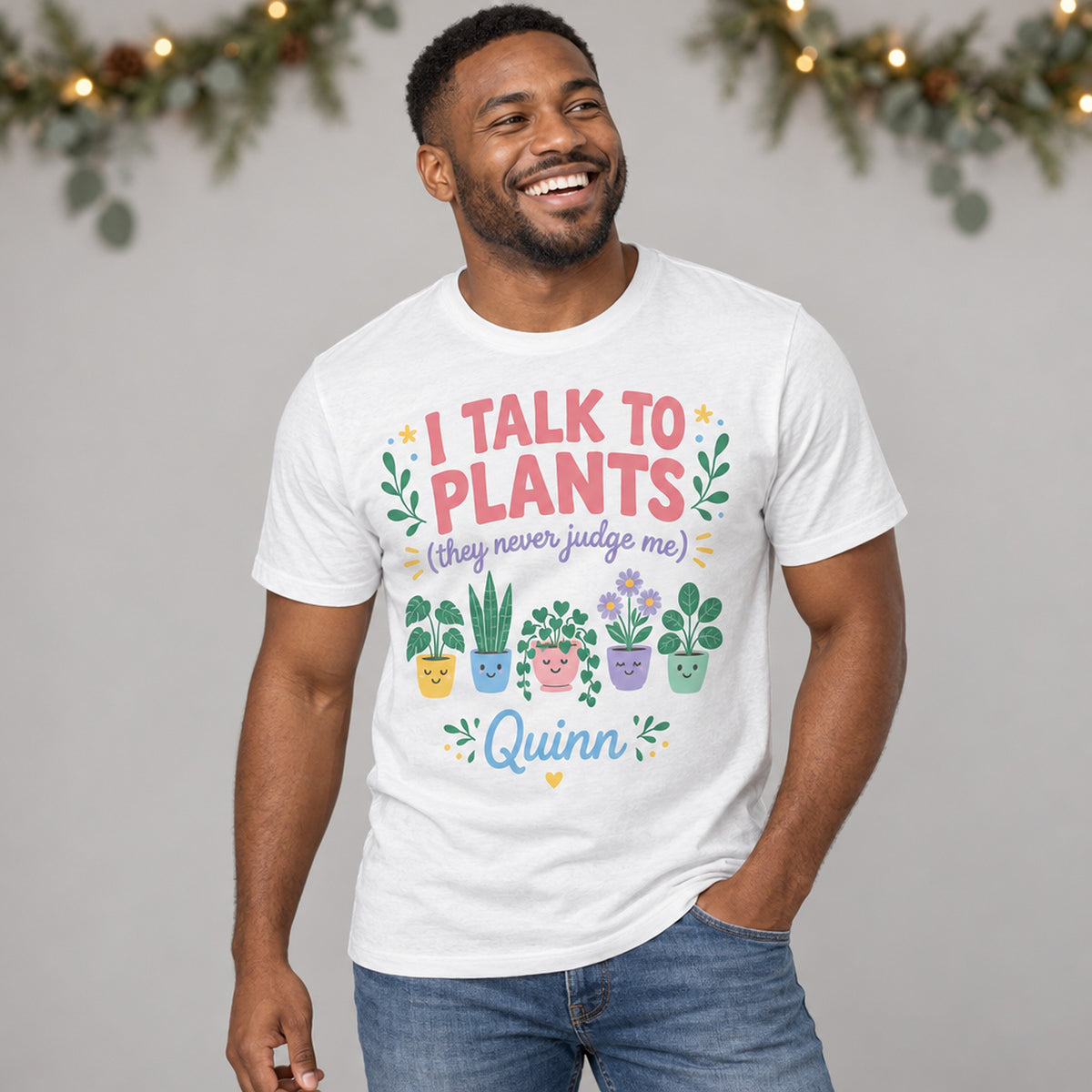 buy i talk to plants personalized cozy pastel shirt online, soft comfortable cotton blend fabric with gentle pastel color palette, relaxed fit silhouette perfect for everyday wear, charming plant-themed graphic design for nature lovers, witty personalized message celebrating plant parent culture, ideal cozy loungewear and casual wardrobe staple, thoughtful gift for gardeners and indoor plant enthusiasts