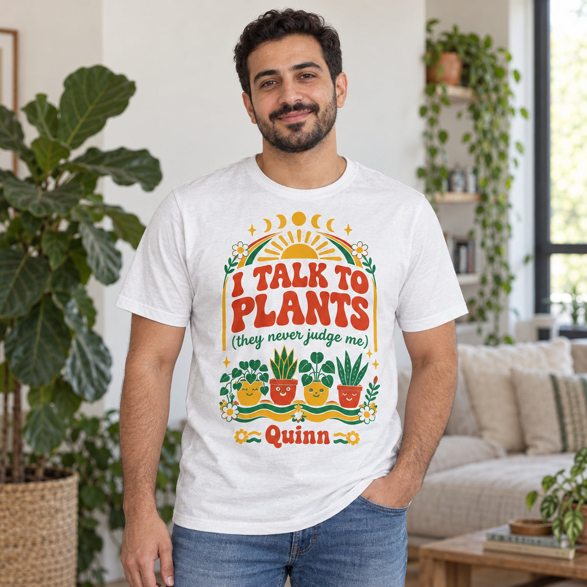 buy I Talk to Plants Personalized Retro Boho Shirt live plant S online, vibrant retro boho graphic design with earthy vintage aesthetic, soft comfortable cotton blend fabric perfect for plant enthusiasts, whimsical plant-themed apparel celebrating indoor gardening lifestyle, relaxed fit casual wear ideal for everyday comfort, perfect cozy home decor accent piece, unique personalized gift idea for plant lovers